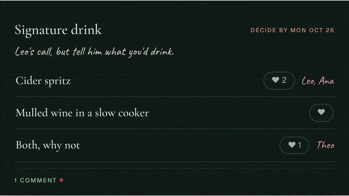 A decision card from the demo: Signature drink, with guests voting for cider spritz.