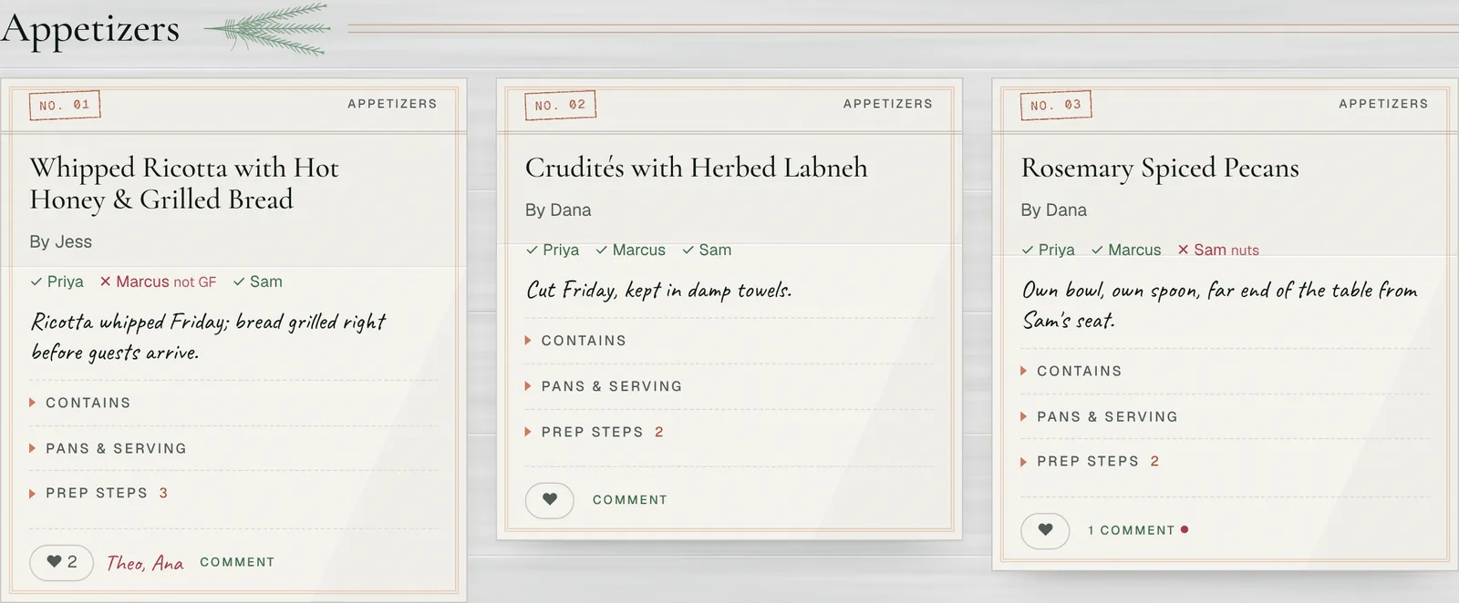 Menu cards from the demo planner. Each dish shows which guests it’s safe for: the spiced pecans are marked not safe for Sam, who has a nut allergy.